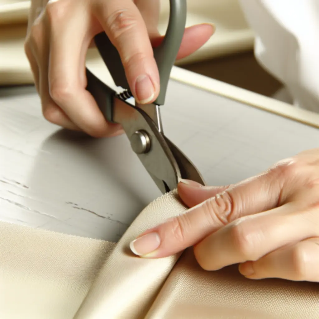 Dłonie rzemieślnika pracujące z tkaniną zasłon Curtavixo