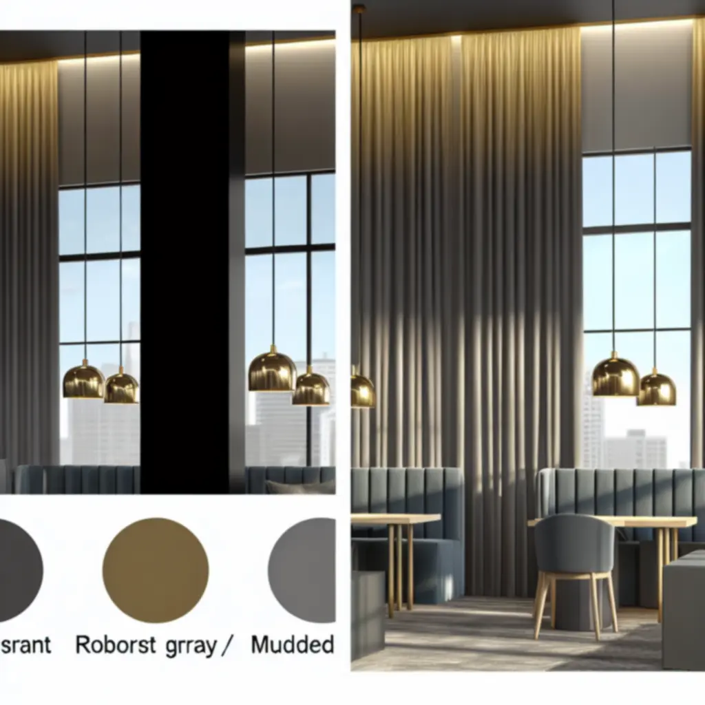 Zasłony i rolety w eleganckim wnętrzu biurowym i kawiarnianym