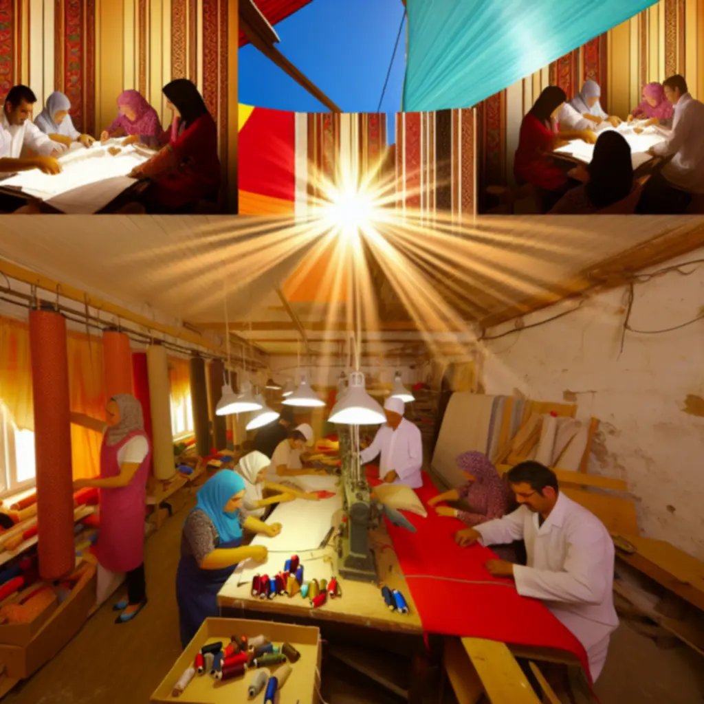 Pracownia szycia zasłon z rzemieślnikami pracującymi nad detalami tkanin