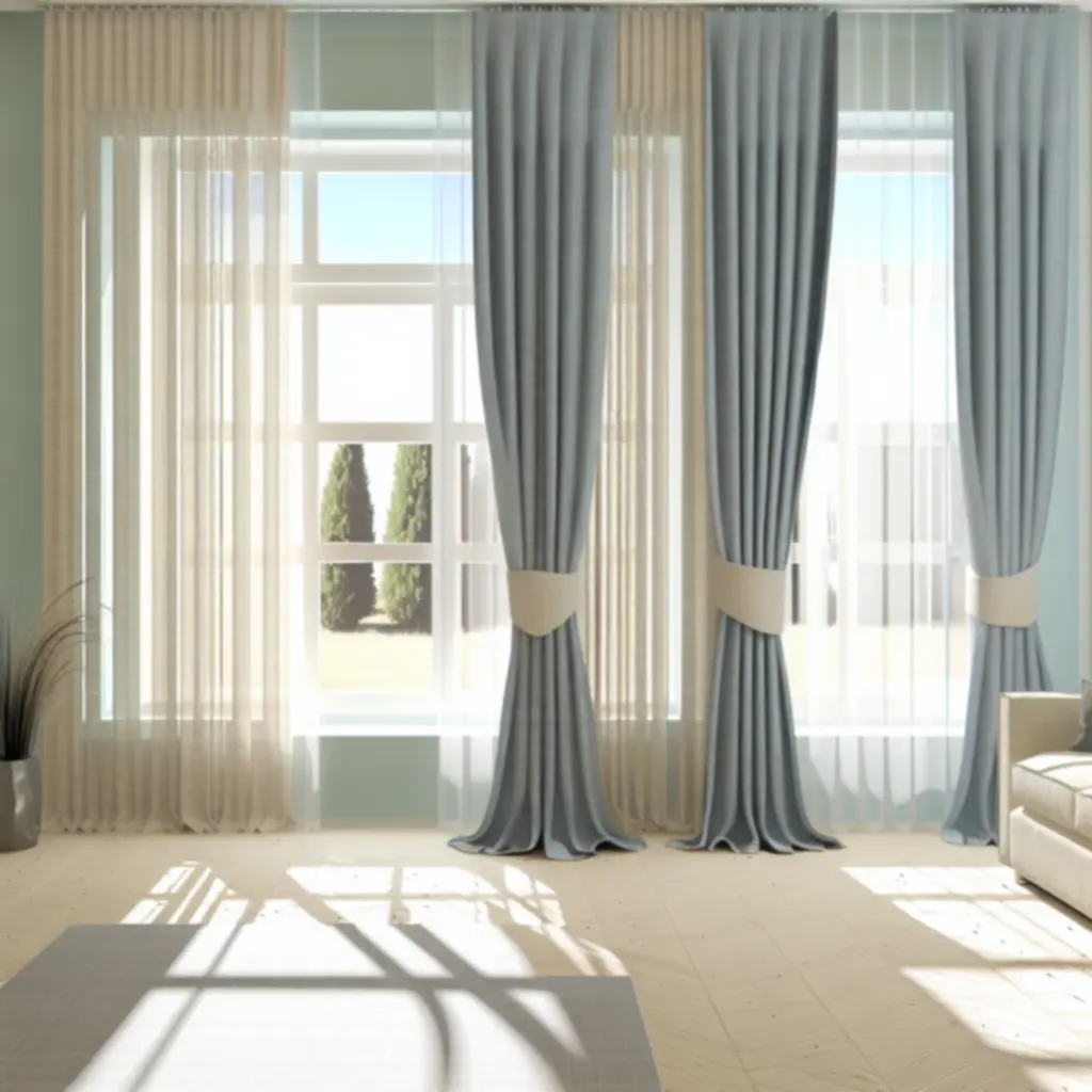 Eleganckie zasłony Curtavixo w jasnym, przestronnym salonie z miękko rozproszonym światłem dziennym.