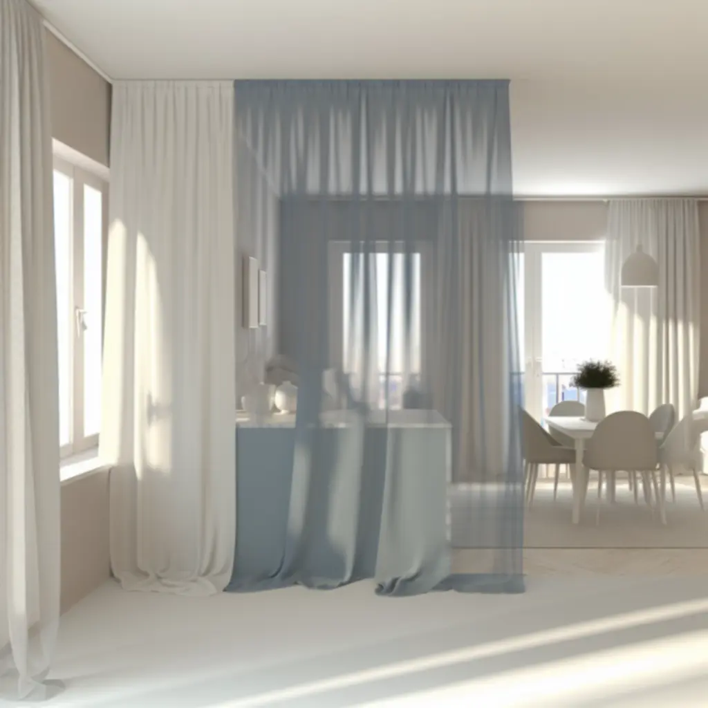 Zasłony w ruchu w otwartym wnętrzu dziennym, pokazujące ich lekkość i funkcjonalność