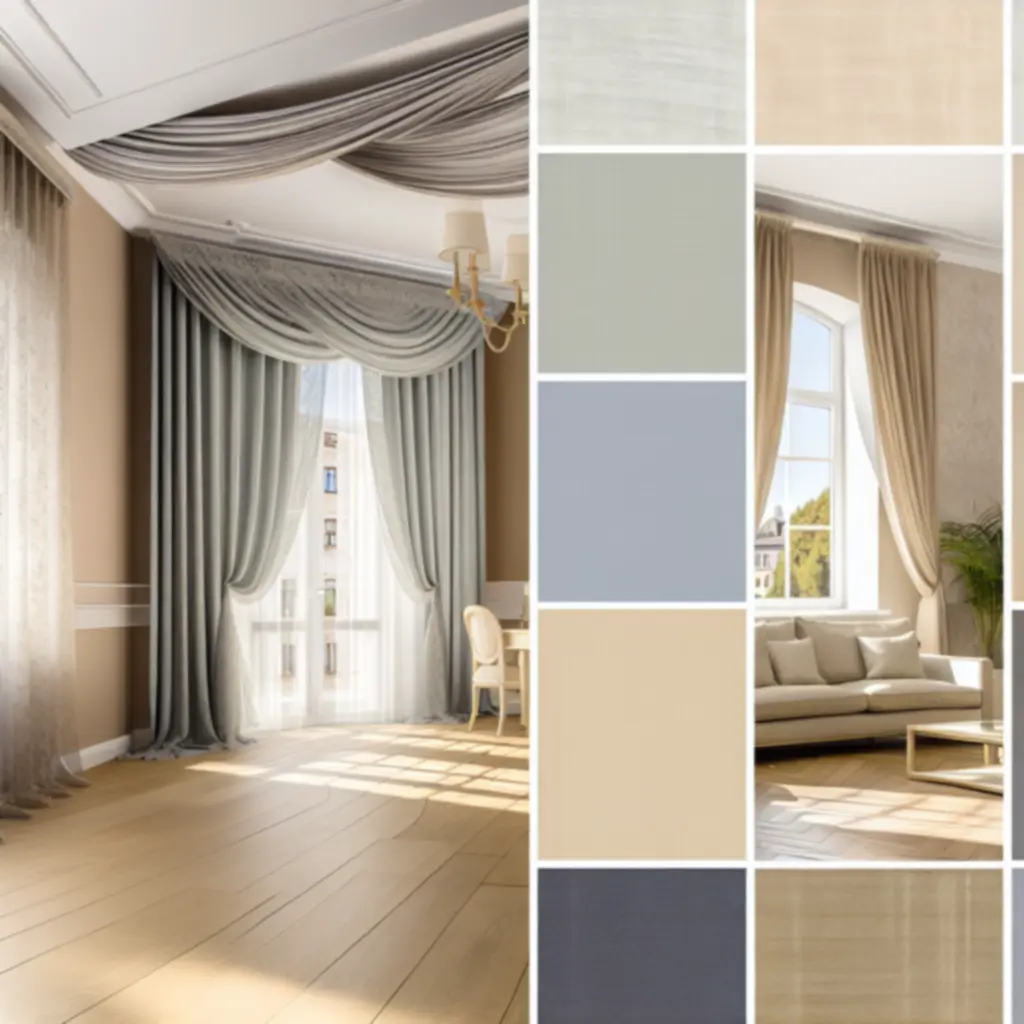 Elegancki, słoneczny salon z zasłonami i roletami Curtavixo w jasnej, przytulnej aranżacji.