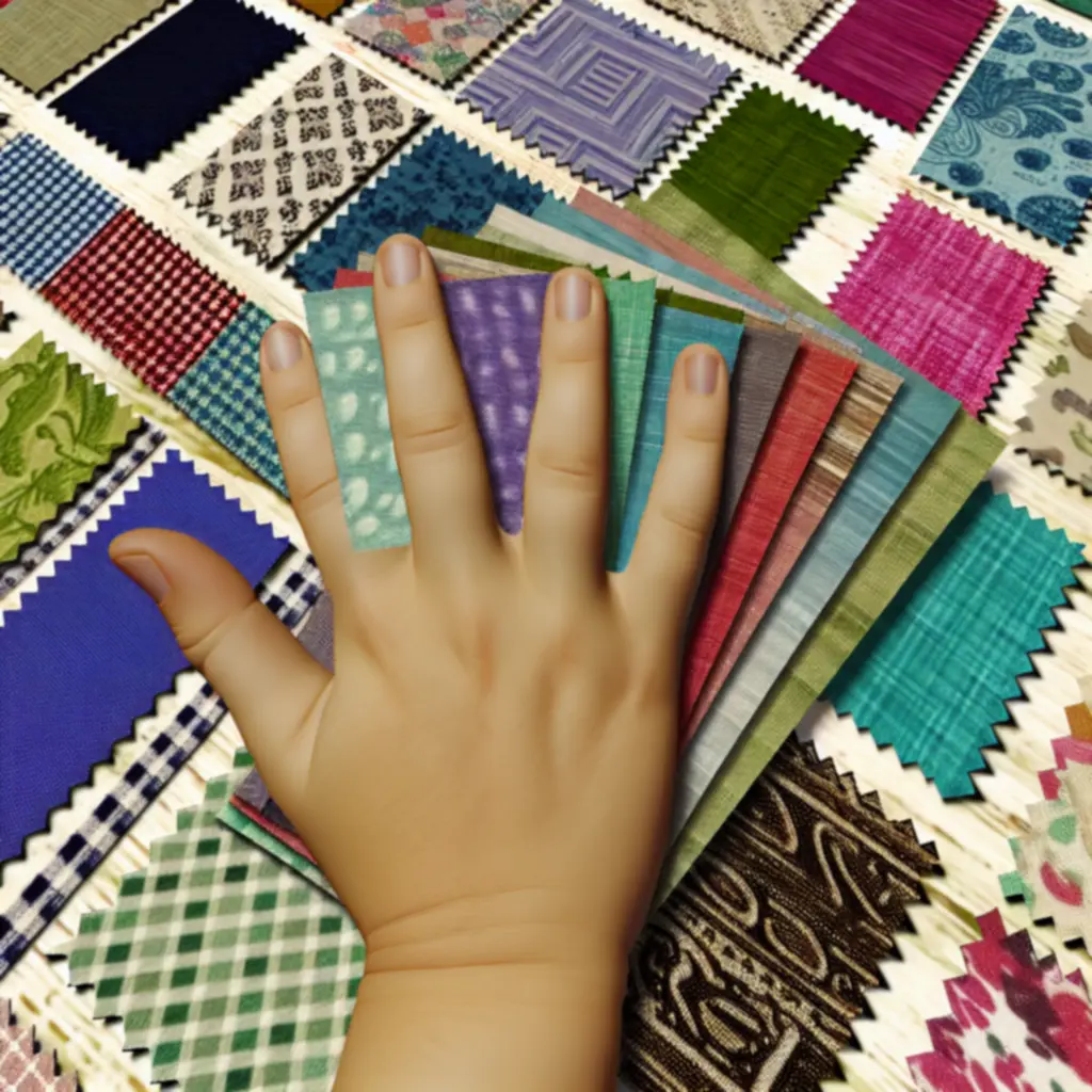 Próbki tkanin zasłonowych ułożone jako wachlarz do wyboru w domu