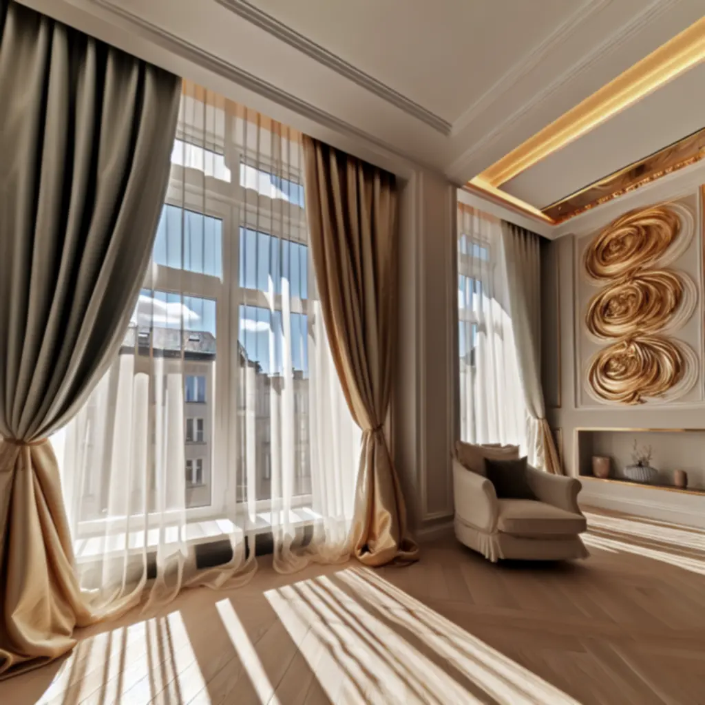 Elegancki salon z długimi zasłonami filtrującymi miękkie, naturalne światło