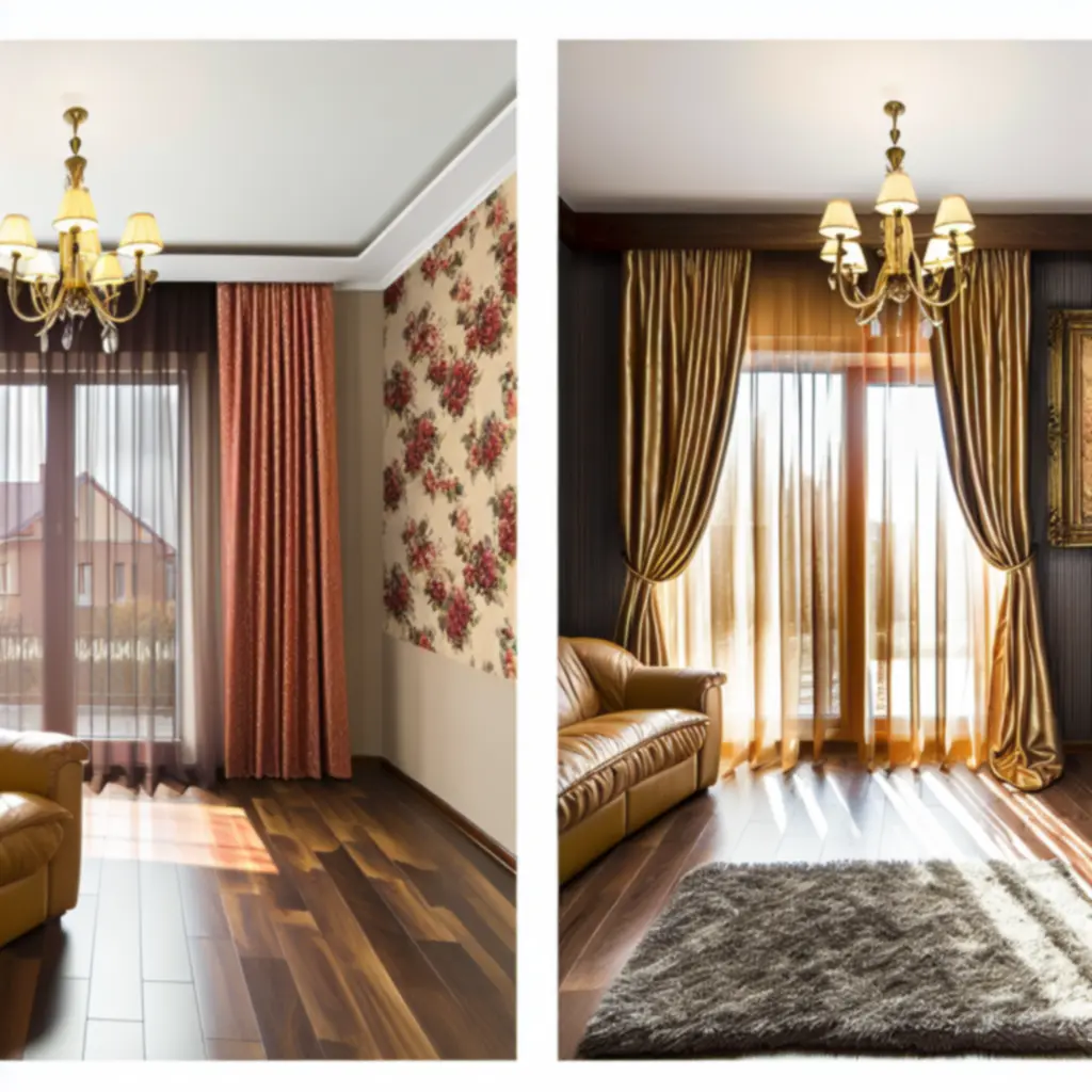Metamorfoza salonu z nowymi zasłonami Curtavixo: porównanie wnętrza przed i po.
