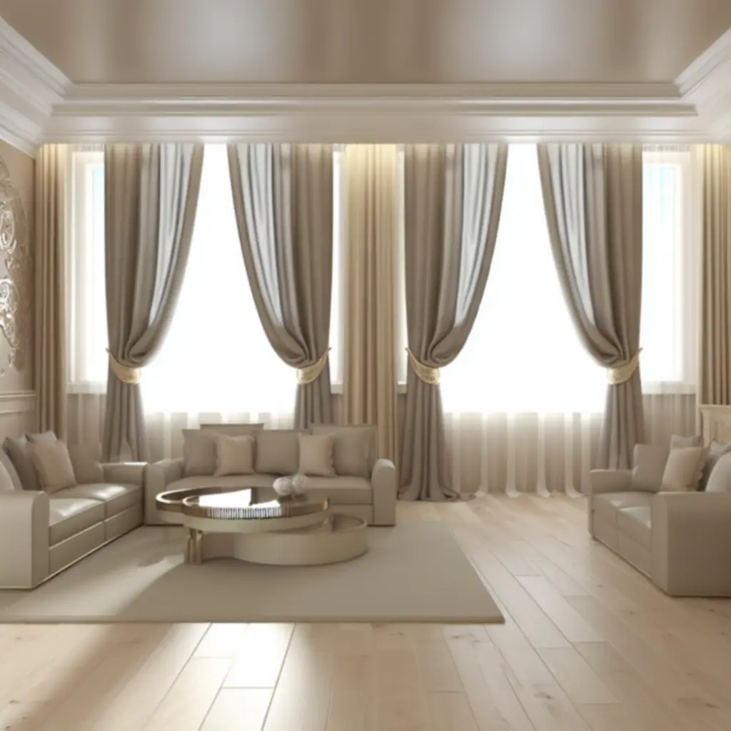 Elegancki salon w Polsce z miękko układającymi się zasłonami Curtavixo w naturalnym świetle