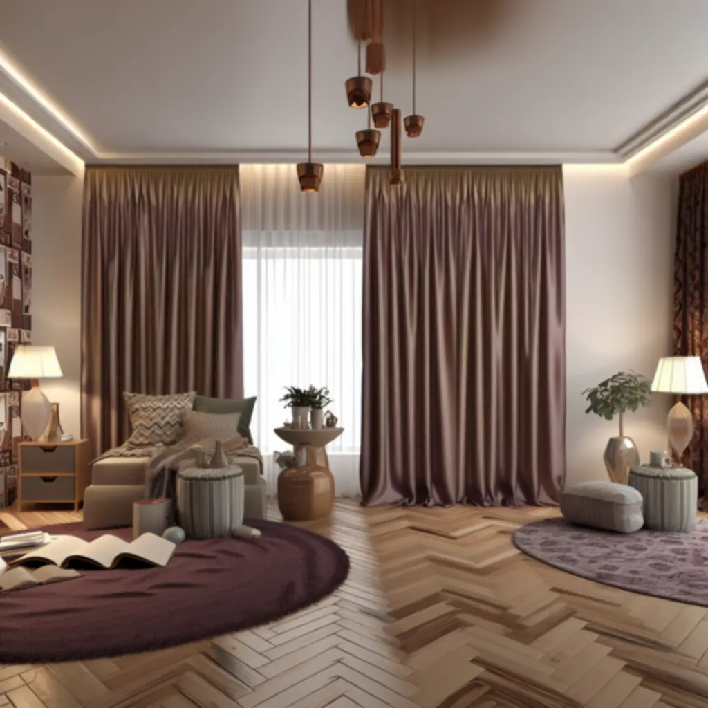 Różne wnętrza z zasłonami w stonowanych barwach pokazujące zastosowanie tkanin w aranżacjach