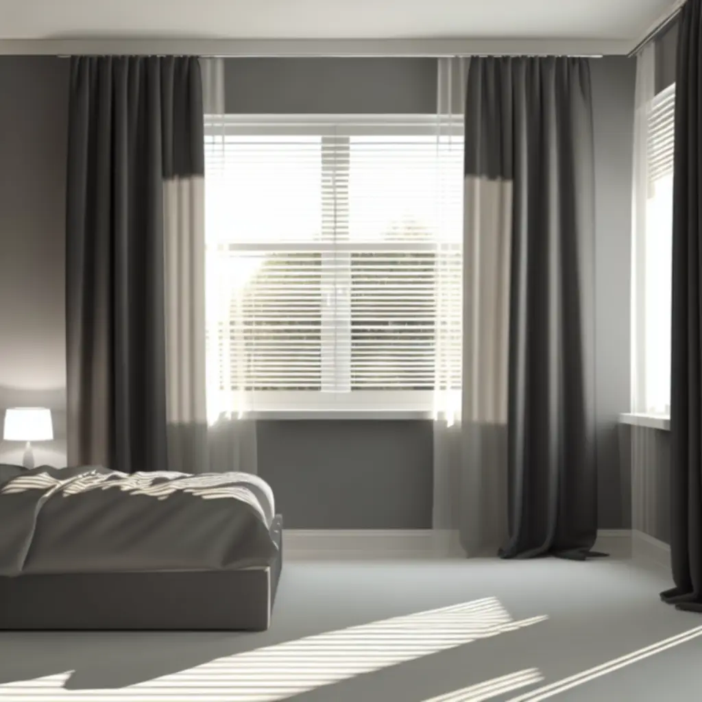 Sypialnia z rozwieszonymi zasłonami regulującymi dopływ naturalnego światła