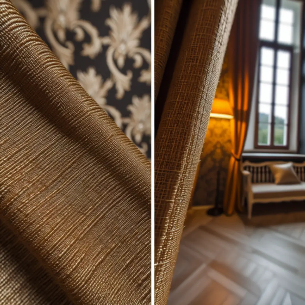 Zbliżenie na detale luksusowej tkaniny zasłonowej we wnętrzu domowym