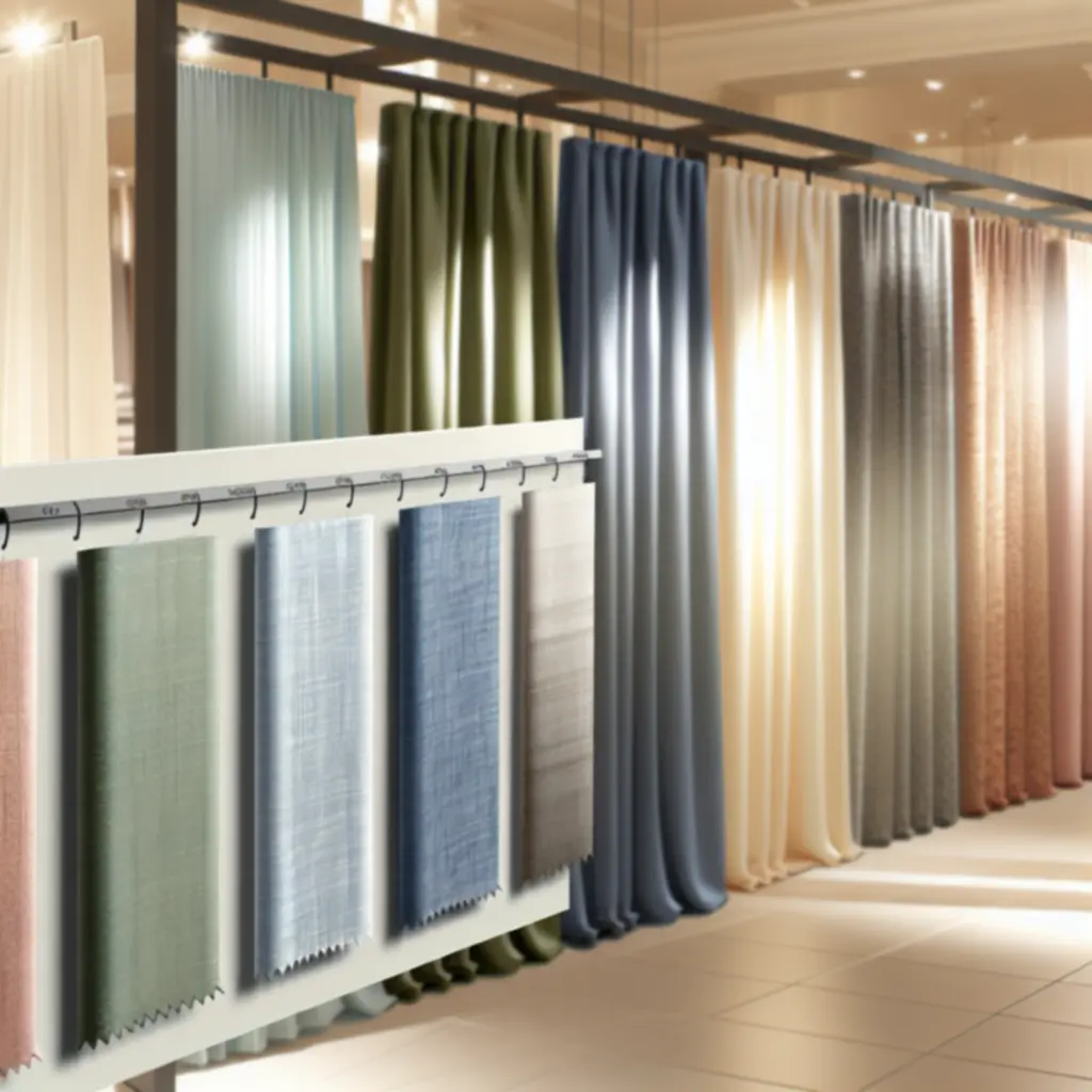 Próbki różnych tkanin zasłonowych ułożone obok siebie, pokazujące ich kolor i fakturę