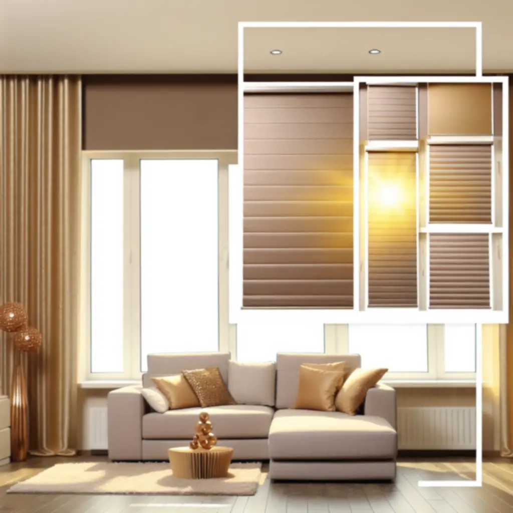 Nowoczesny salon z roletami i zasłonami Curtavixo, prezentujący subtelne przenikanie światła.