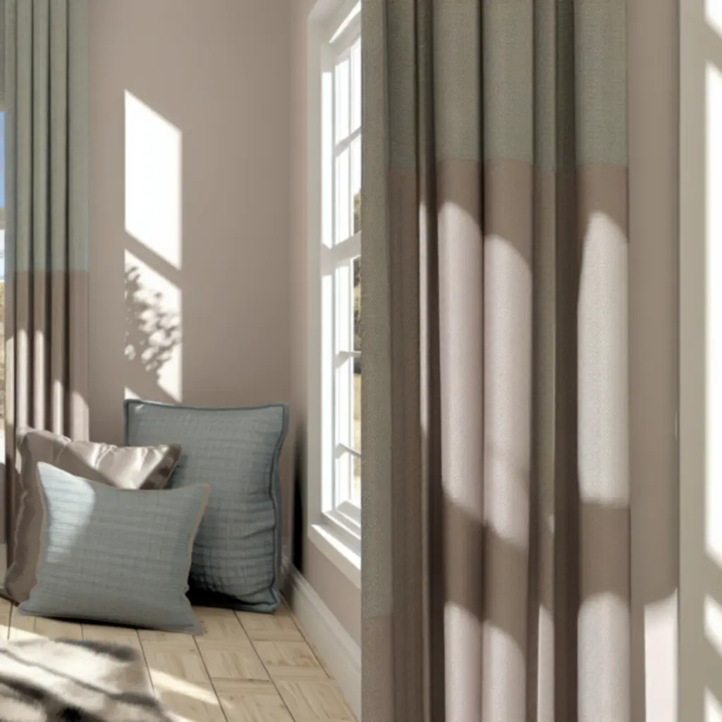 Salon z zasłonami o różnorodnych fakturach i stonowanych kolorach, pokazujący subtelne grę tekstur