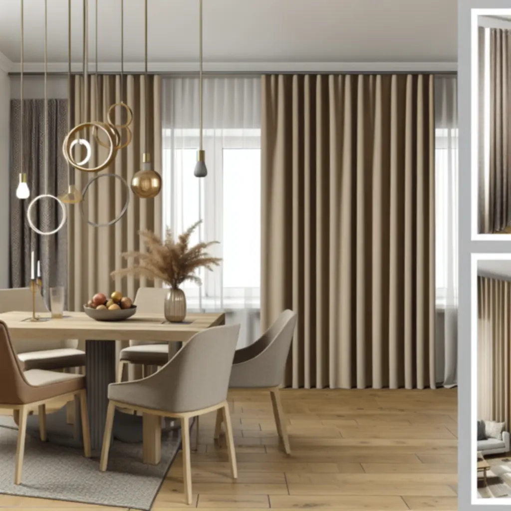 Nowoczesna jadalnia z modnymi zasłonami i systemem przeciwsłonecznym Curtavixo